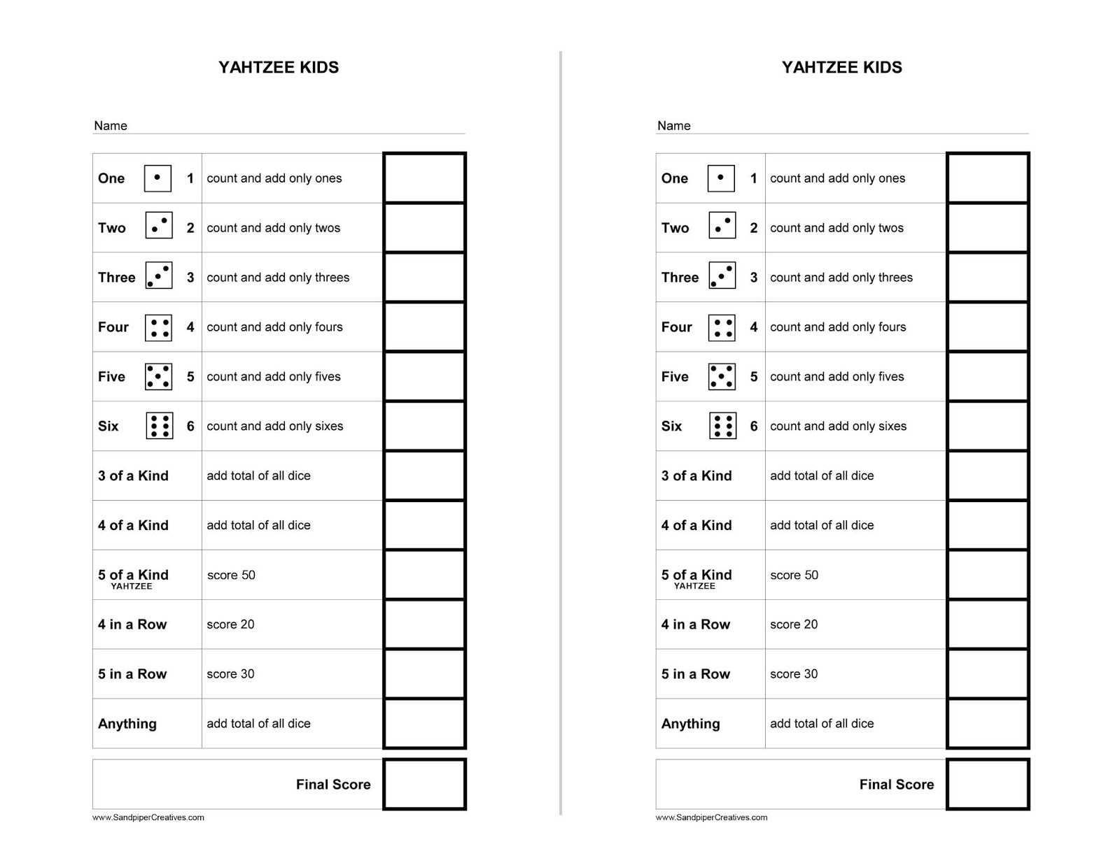 Yahtzee Score Card For Kids Free Printable Yahtzee Score Card For Kids Free Printable