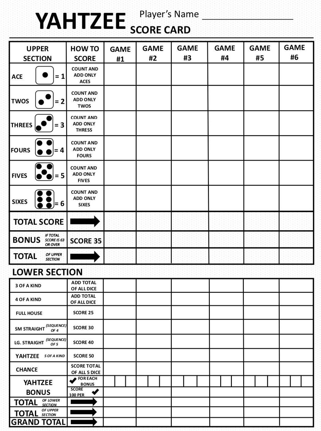Yahtzee Score Card Yahtzee Scoresheet Yahtzee Score Pads Printable File PDF Download 8 5x11 Etsy