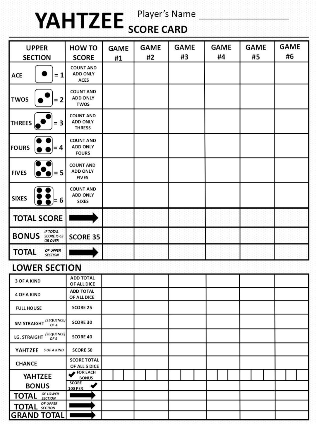 Yahtzee Score Card Yahtzee Scoresheet Yahtzee Score Pads Printable File PDF Download 8 5x11 Etsy