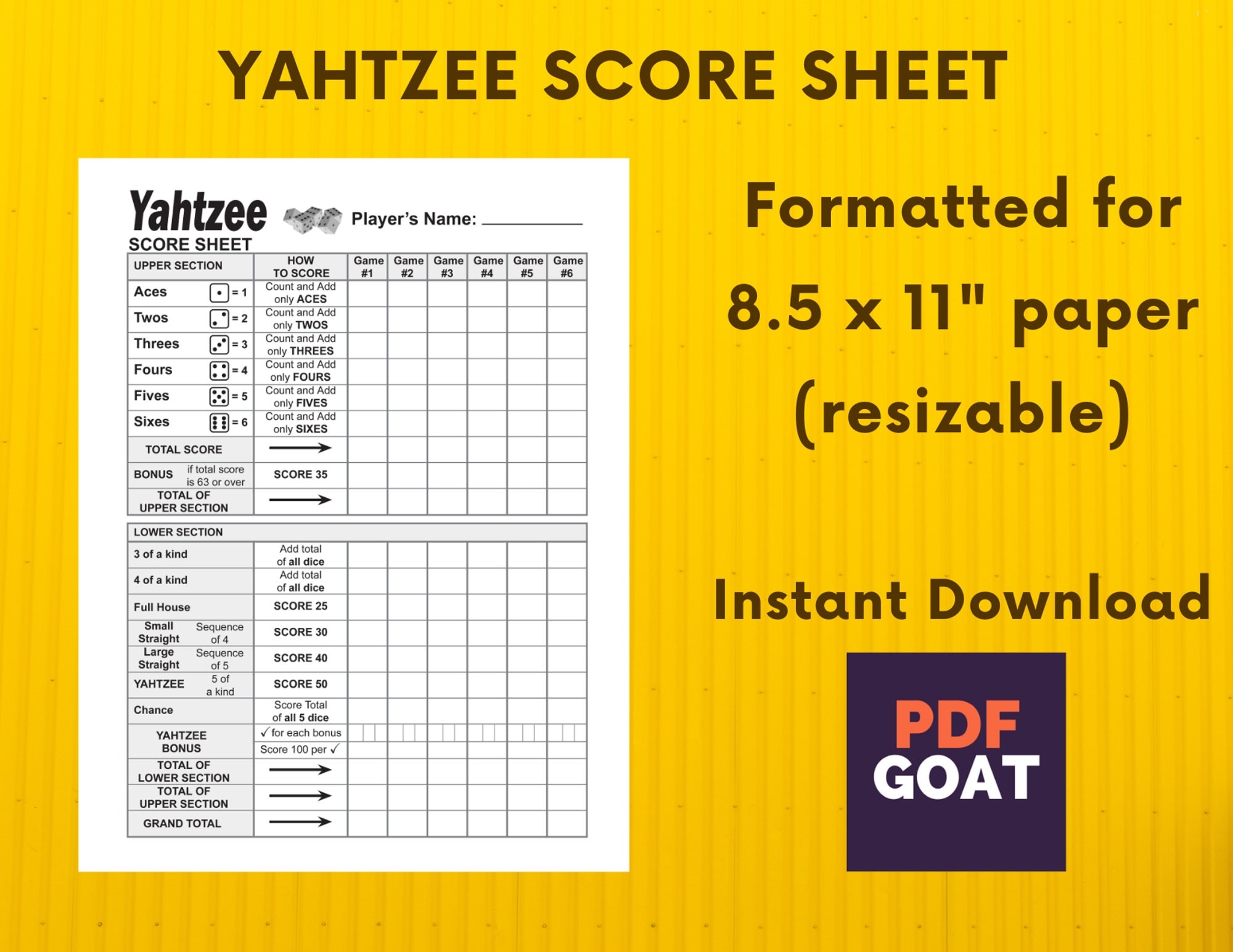 Yahtzee Score Sheet Printable File Instant PDF Download 8 5x11 In Etsy