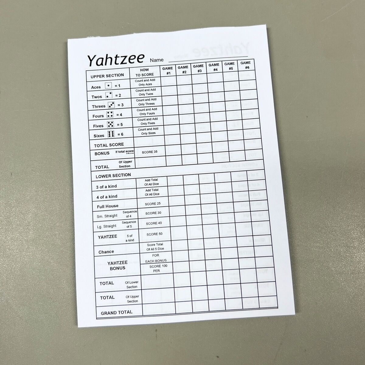 Printable Power Yahtzee Score Sheet
