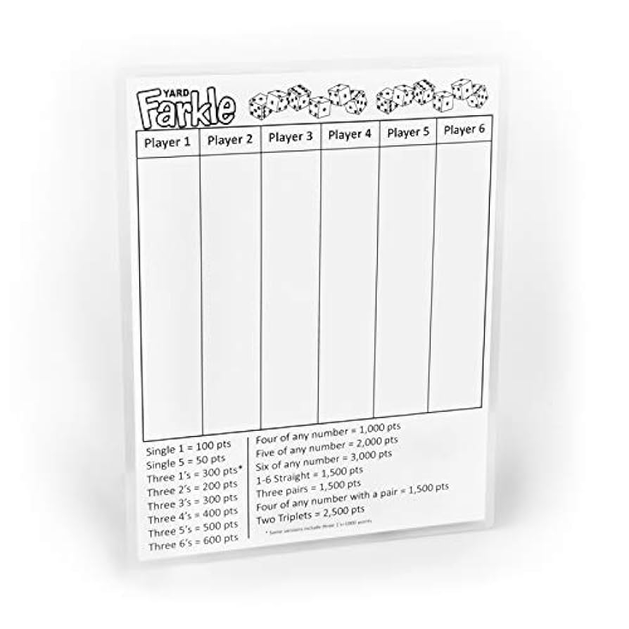 YARD FARKLE SCORE CARDS With Rules On The Back Laminated Farkle Score Card Reusable Score Card Size 8 5