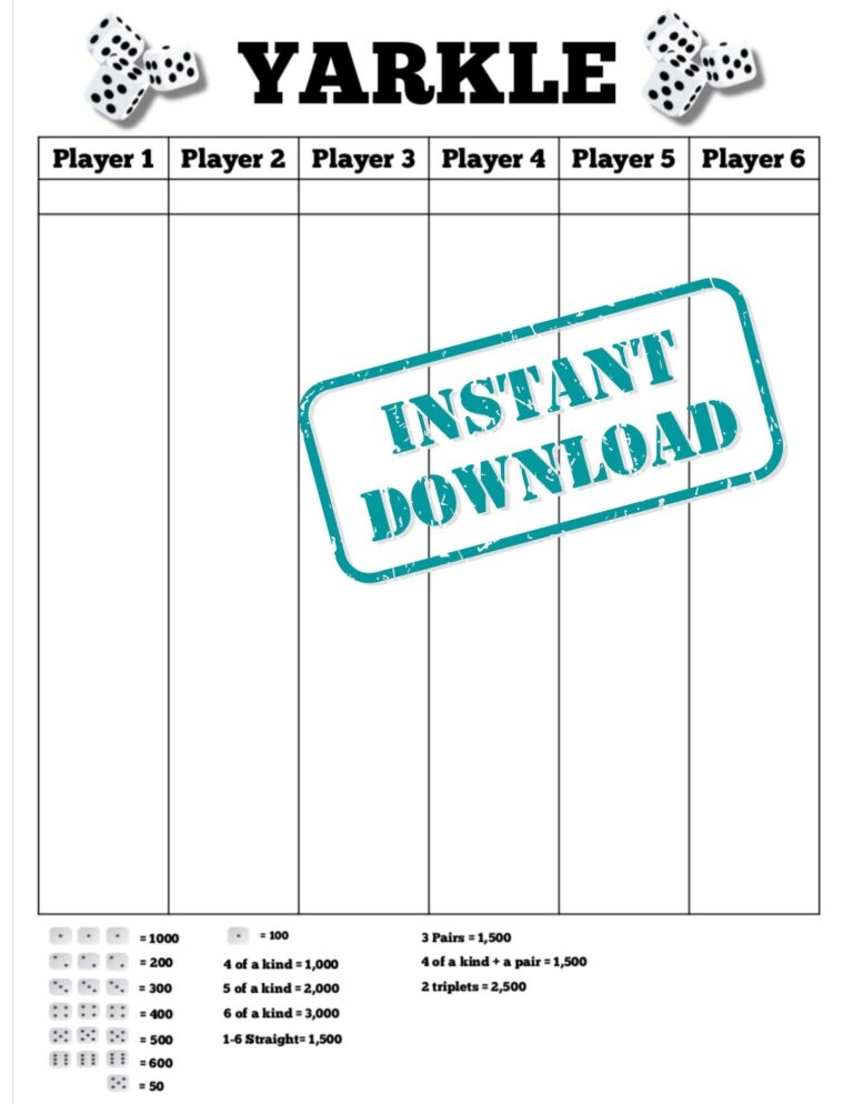 Yarkle Score Card Printable File PDF Download 8 5x11